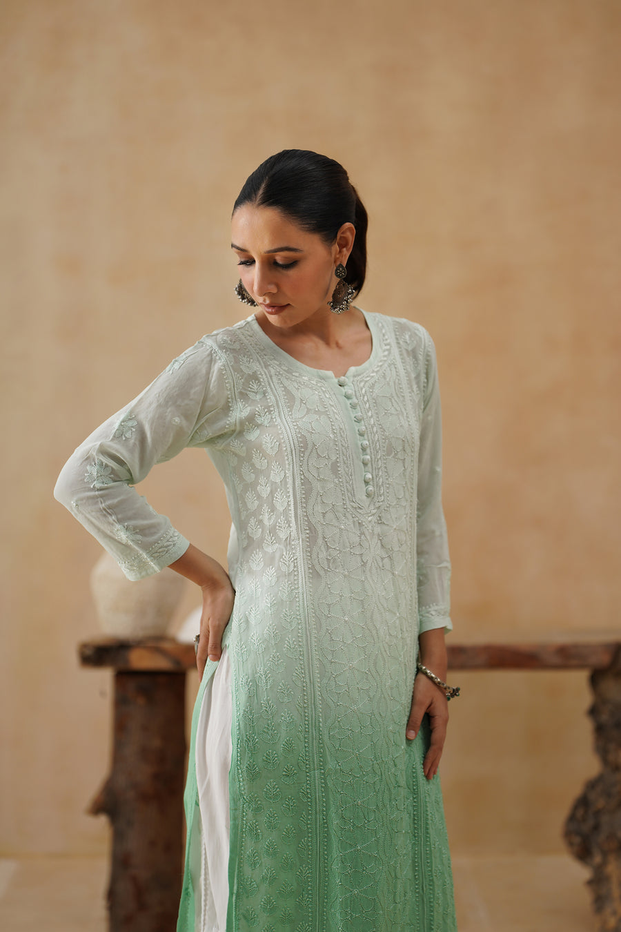 Georgette Long Kurti - Ombre Green