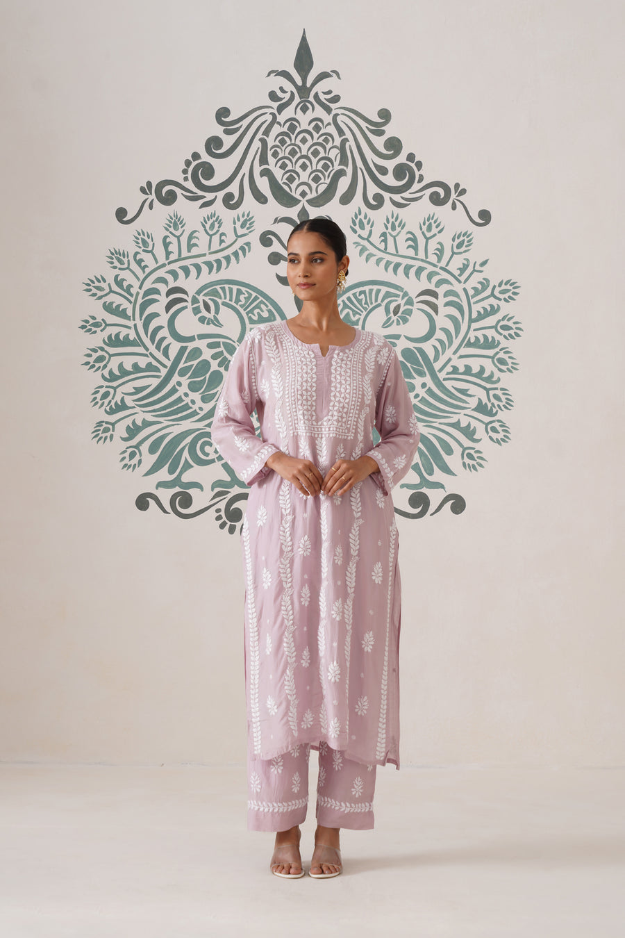 Chikankari Chanderi Coord Set - Light Mauve