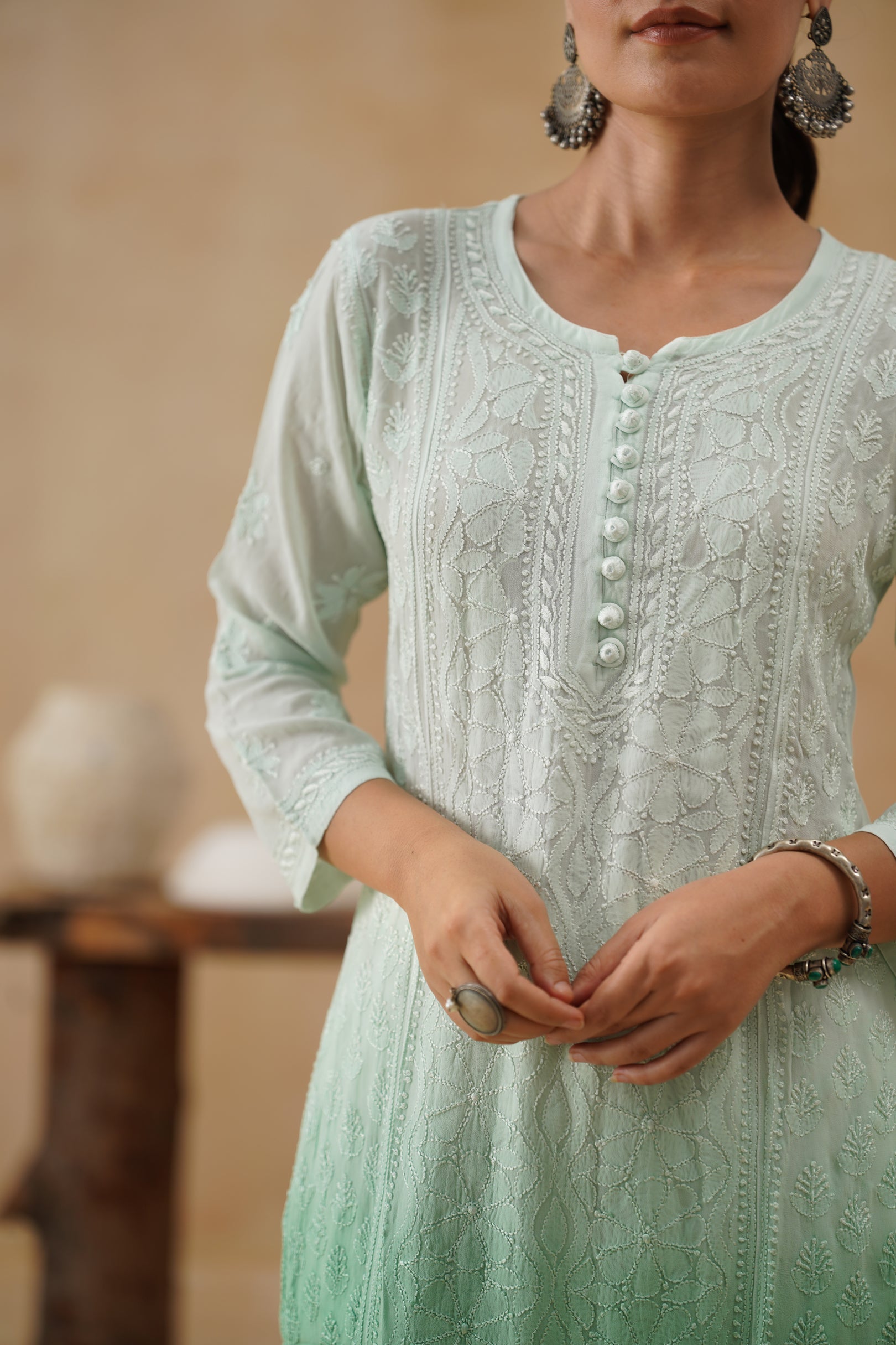 Georgette Long Kurti - Ombre Green