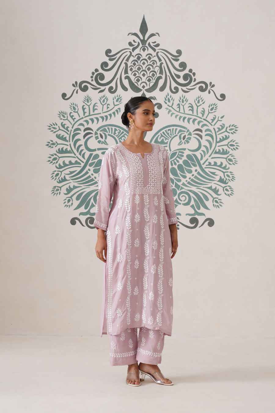 Chikankari Chanderi Coord Set - Light Mauve