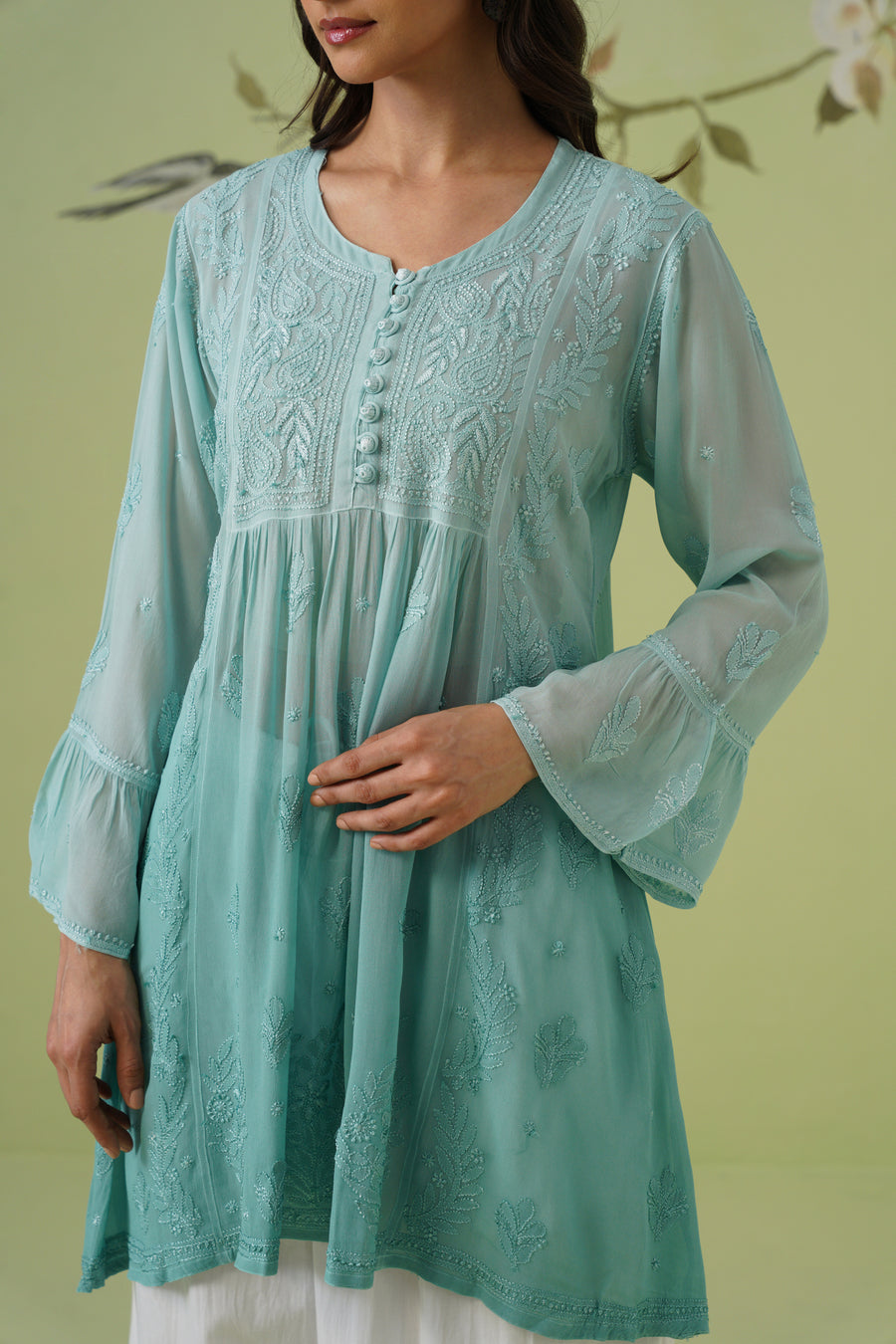 Viscose Chikankari Short Kurti - Ombre Teal