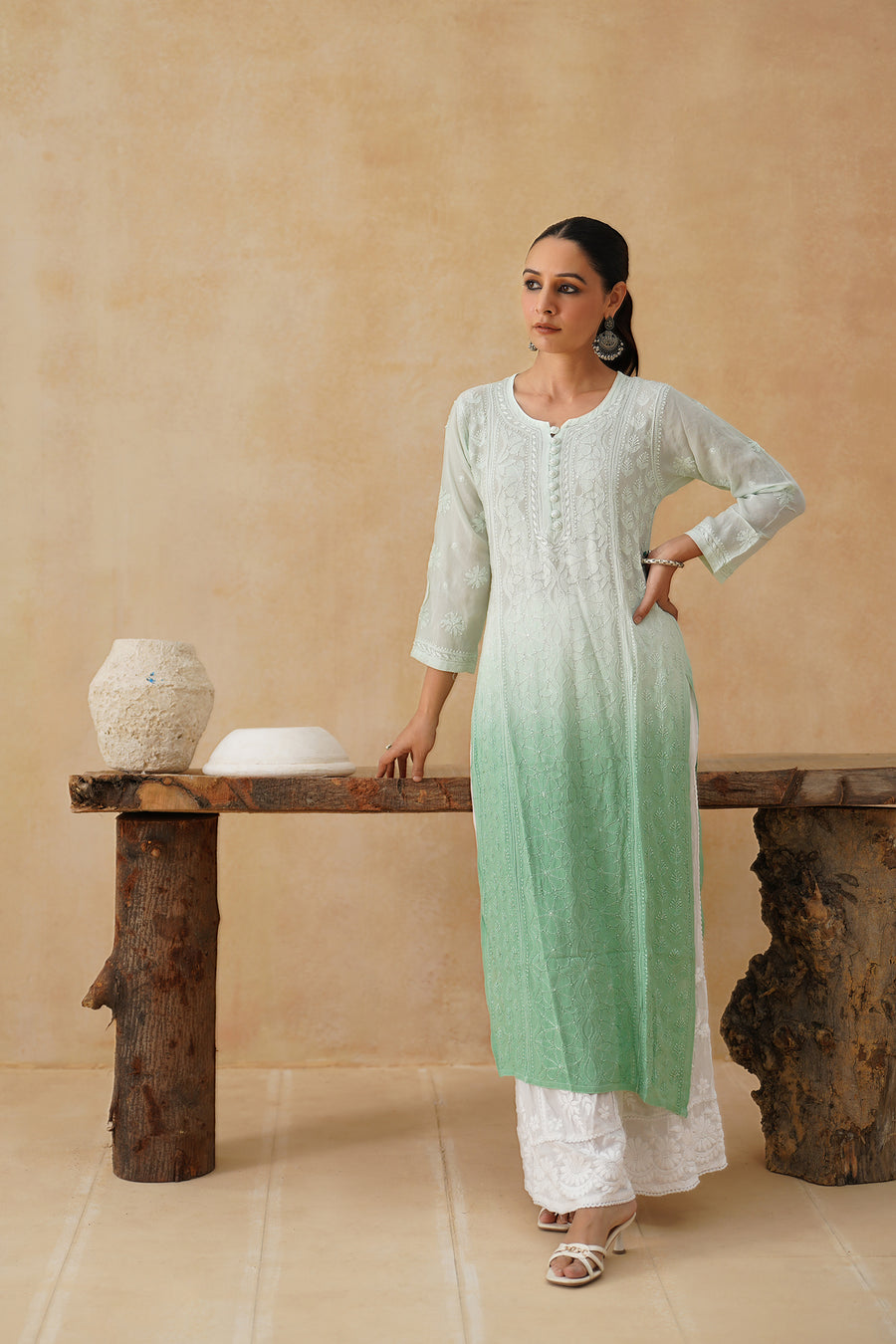 Georgette Long Kurti - Ombre Green