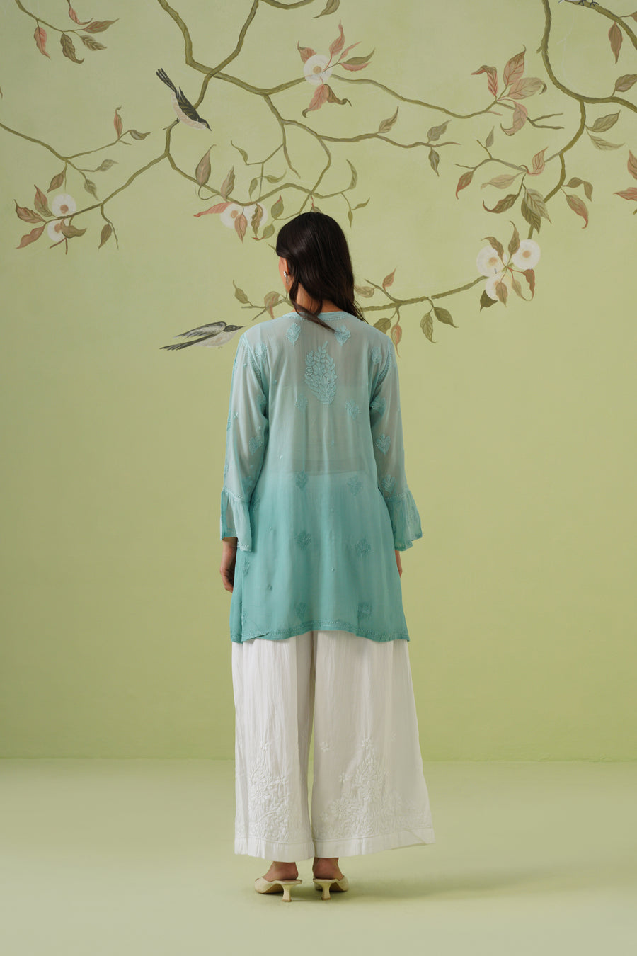 Viscose Chikankari Short Kurti - Ombre Teal