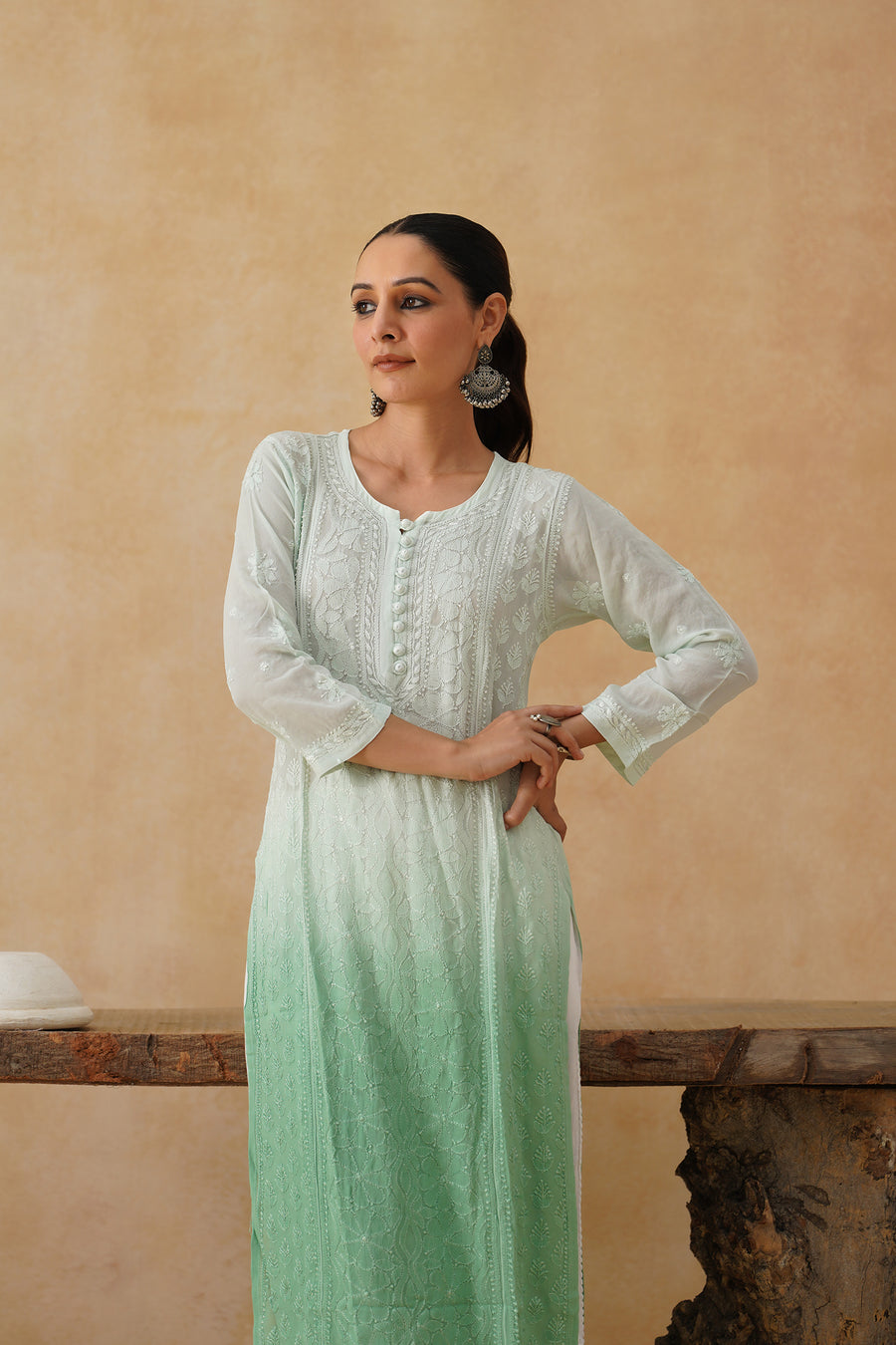 Georgette Long Kurti - Ombre Green