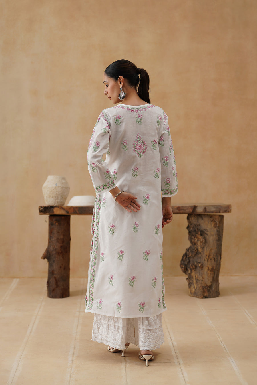 Cotton Long Kurti - White & Green