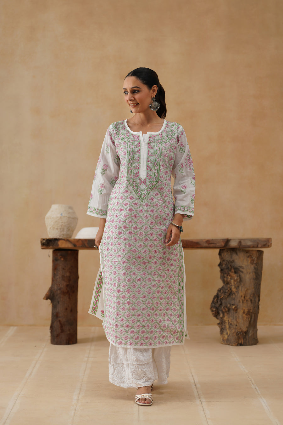Cotton Long Kurti - White & Green