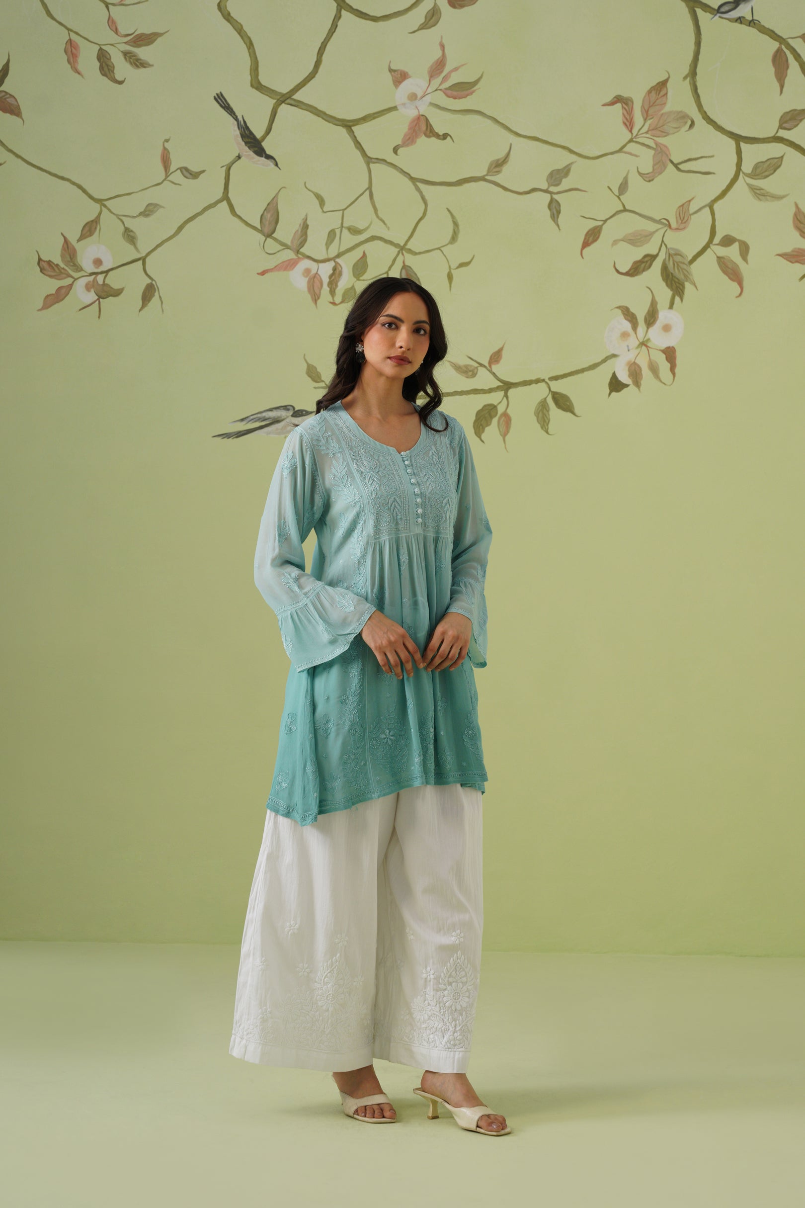 Viscose Chikankari Short Kurti - Ombre Teal