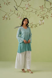 Viscose Chikankari Short Kurti - Ombre Teal
