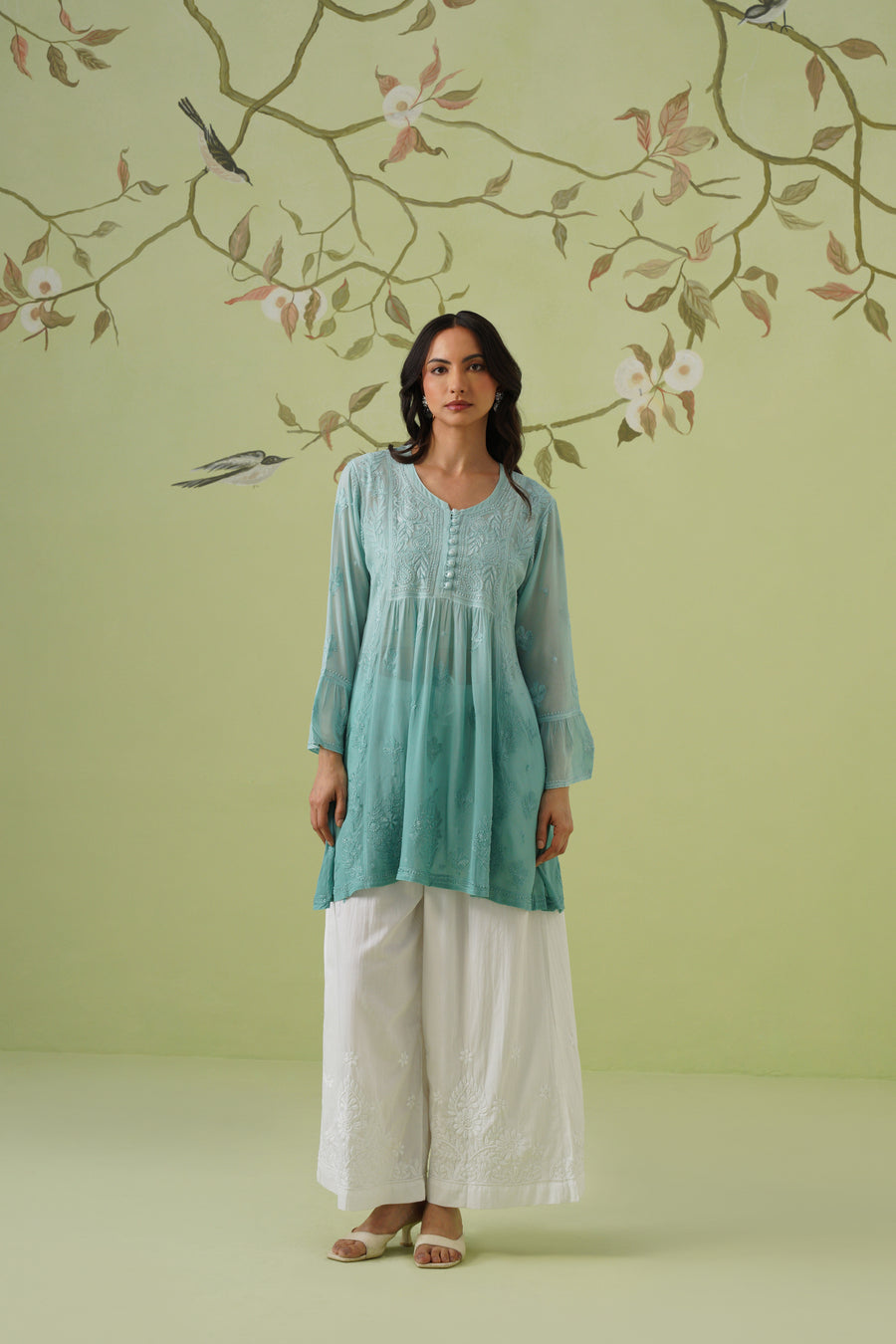 Viscose Chikankari Short Kurti - Ombre Teal