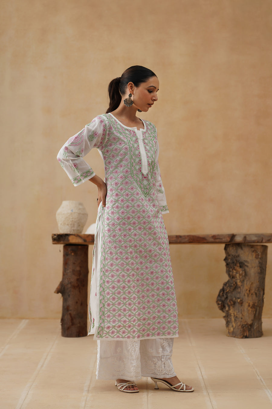 Cotton Long Kurti - White & Green