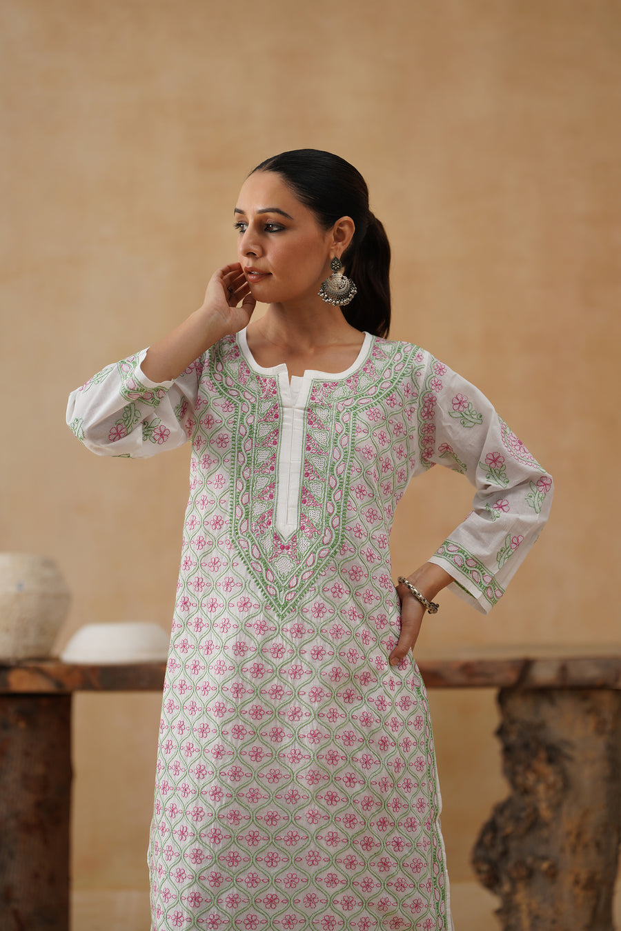 Cotton Long Kurti - White & Green