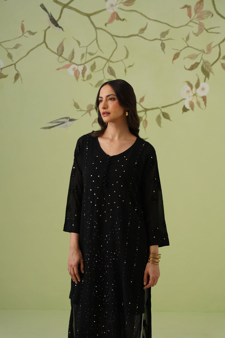 Viscose Chikankari Long Kurti - Black
