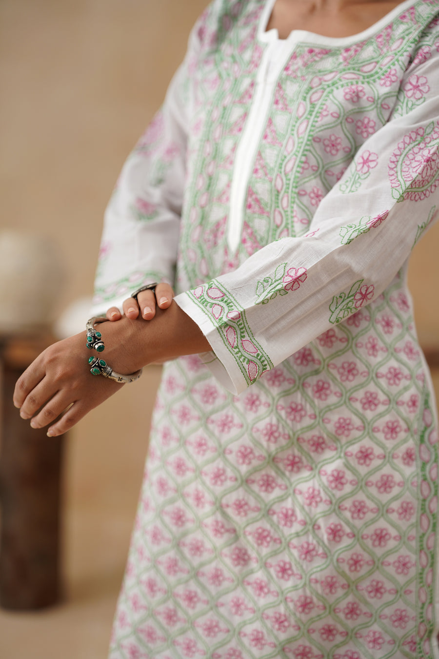 Cotton Long Kurti - White & Green