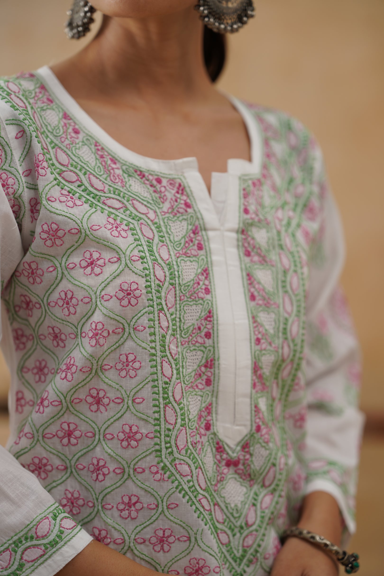 Cotton Long Kurti - White & Green