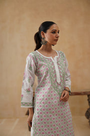 Cotton Long Kurti - White & Green