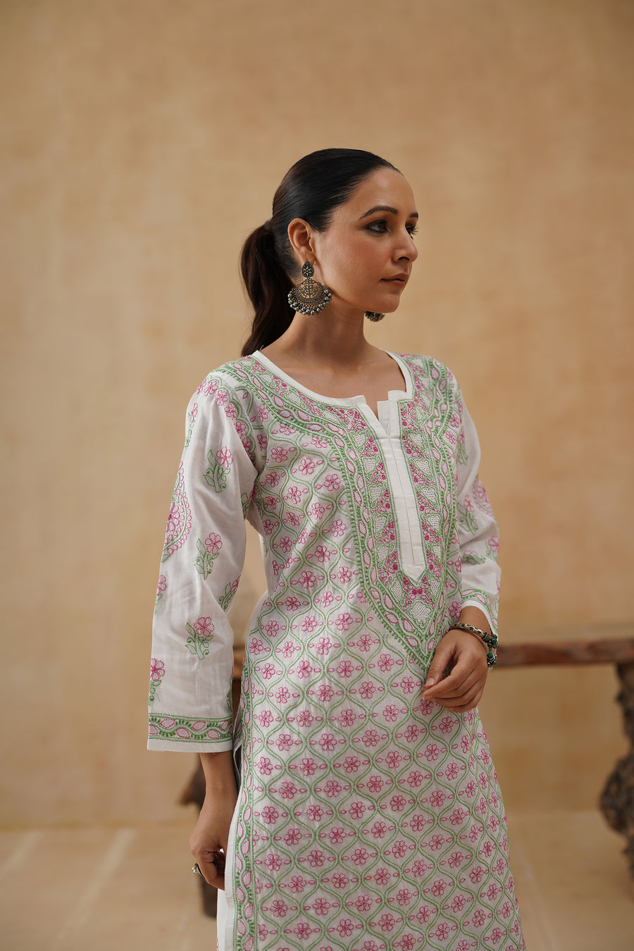 Cotton Long Kurti - White & Green