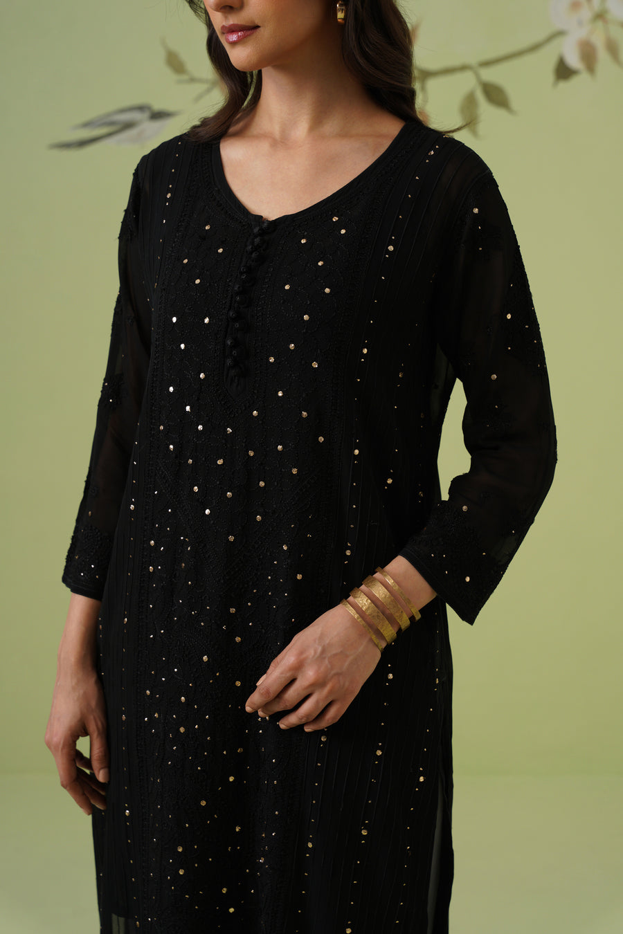 Viscose Chikankari Long Kurti - Black