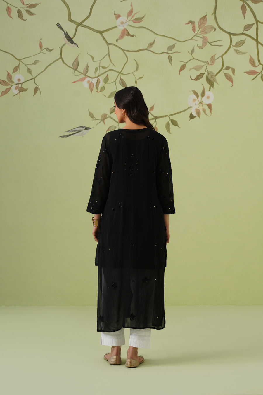 Viscose Chikankari Long Kurti - Black