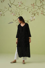 Viscose Chikankari Long Kurti - Black