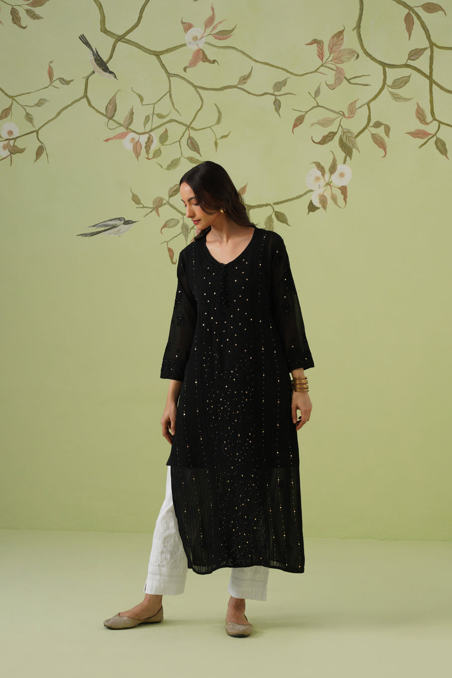 Viscose Chikankari Long Kurti - Black