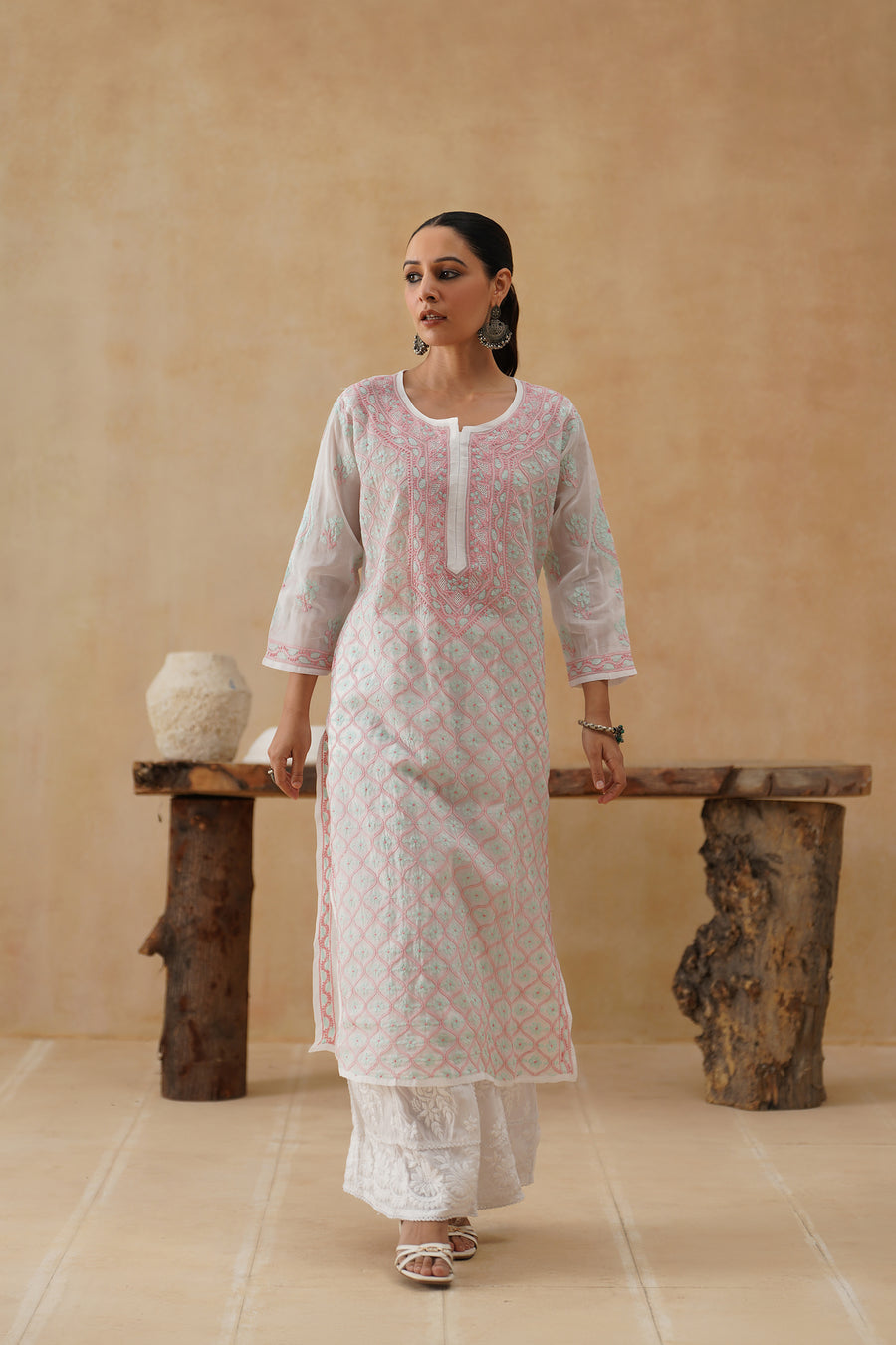 Cotton Long Kurti - White and Aqua