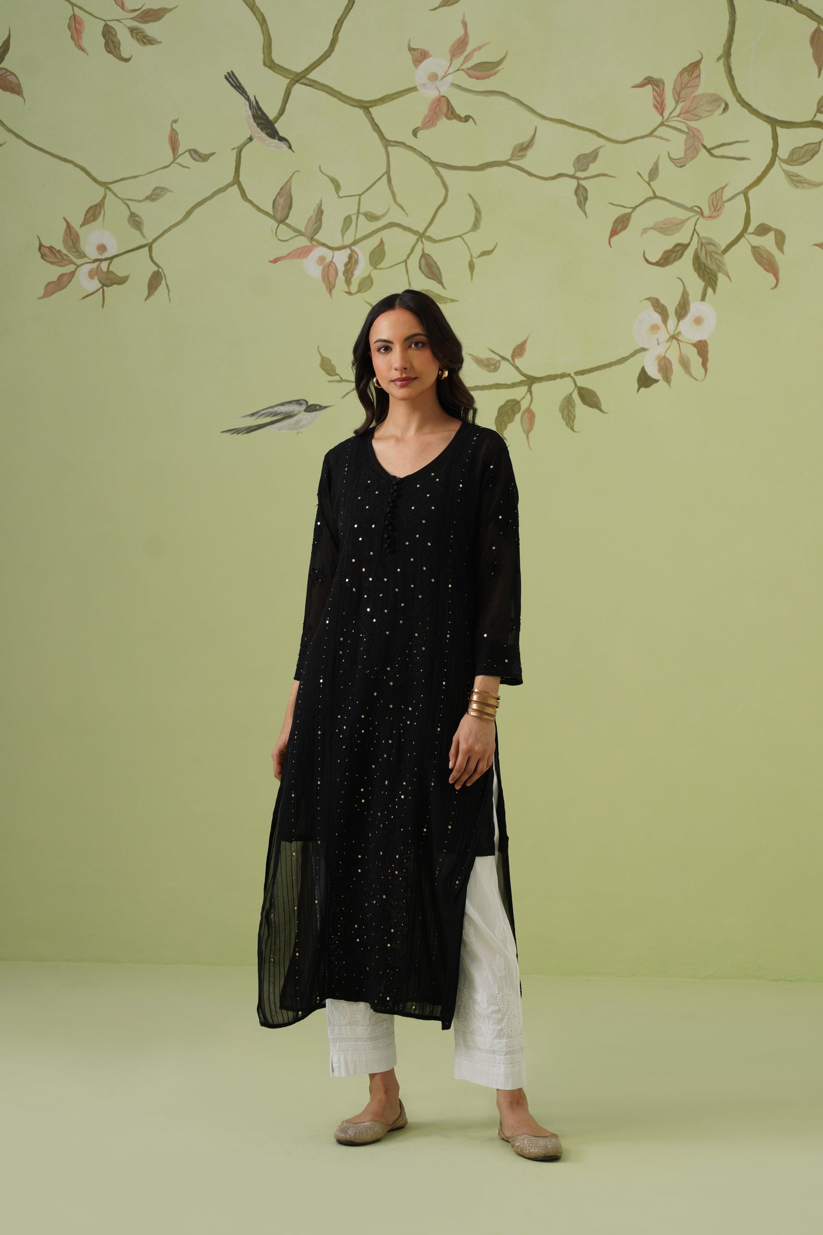 Viscose Chikankari Long Kurti - Black
