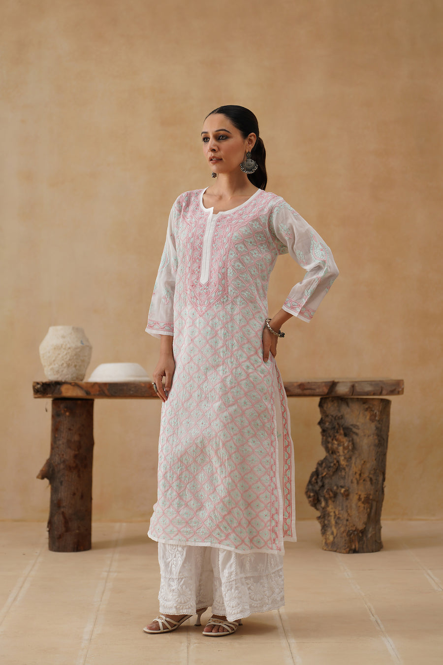 Cotton Long Kurti - White and Aqua