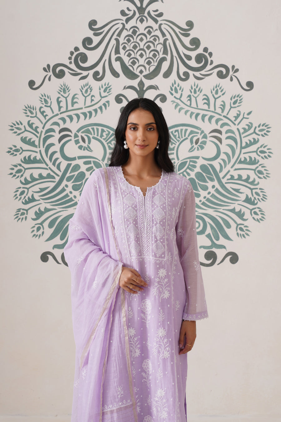 Chikankari Mul Chanderi 3pc Suit - Lilac