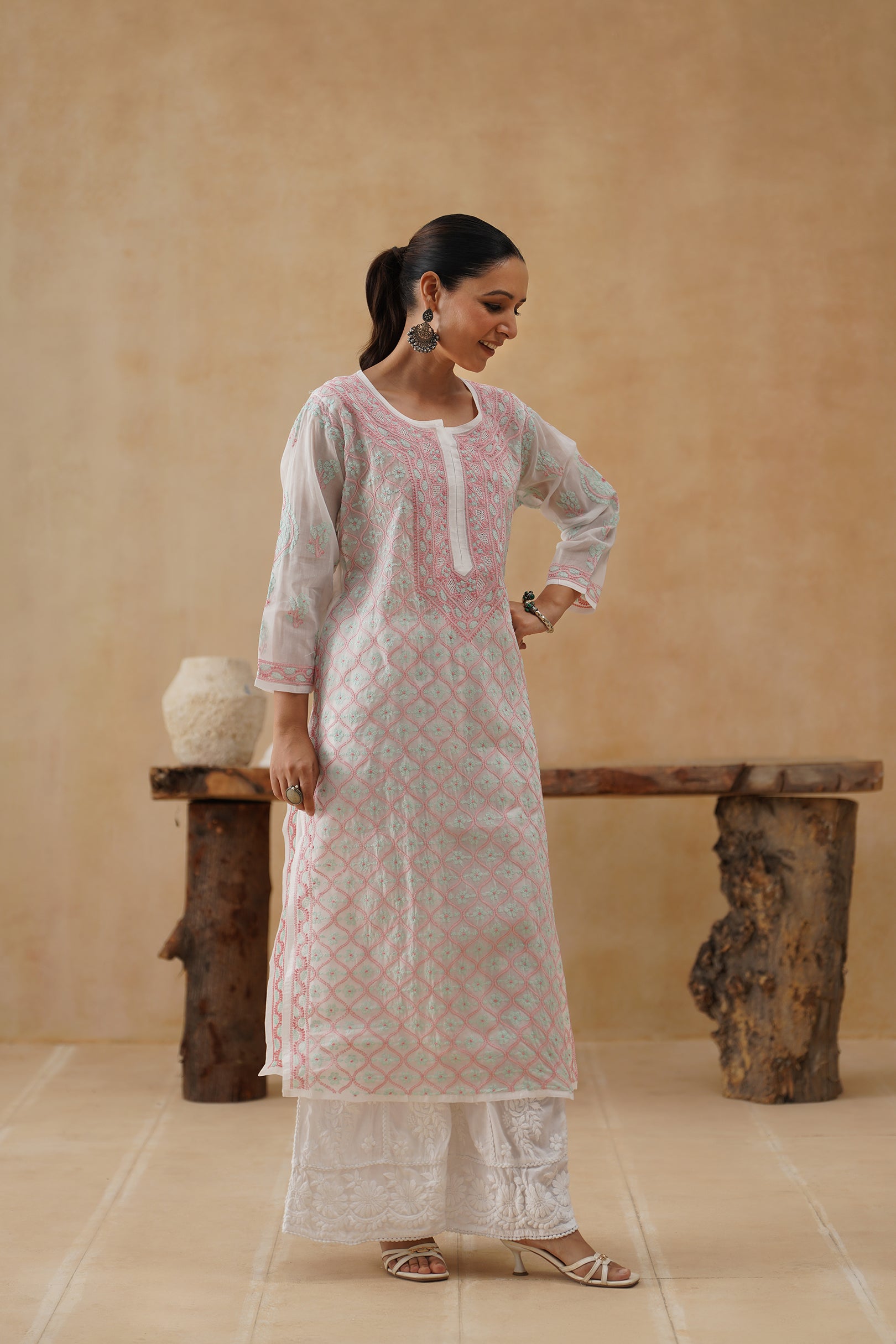 Cotton Long Kurti - White and Aqua