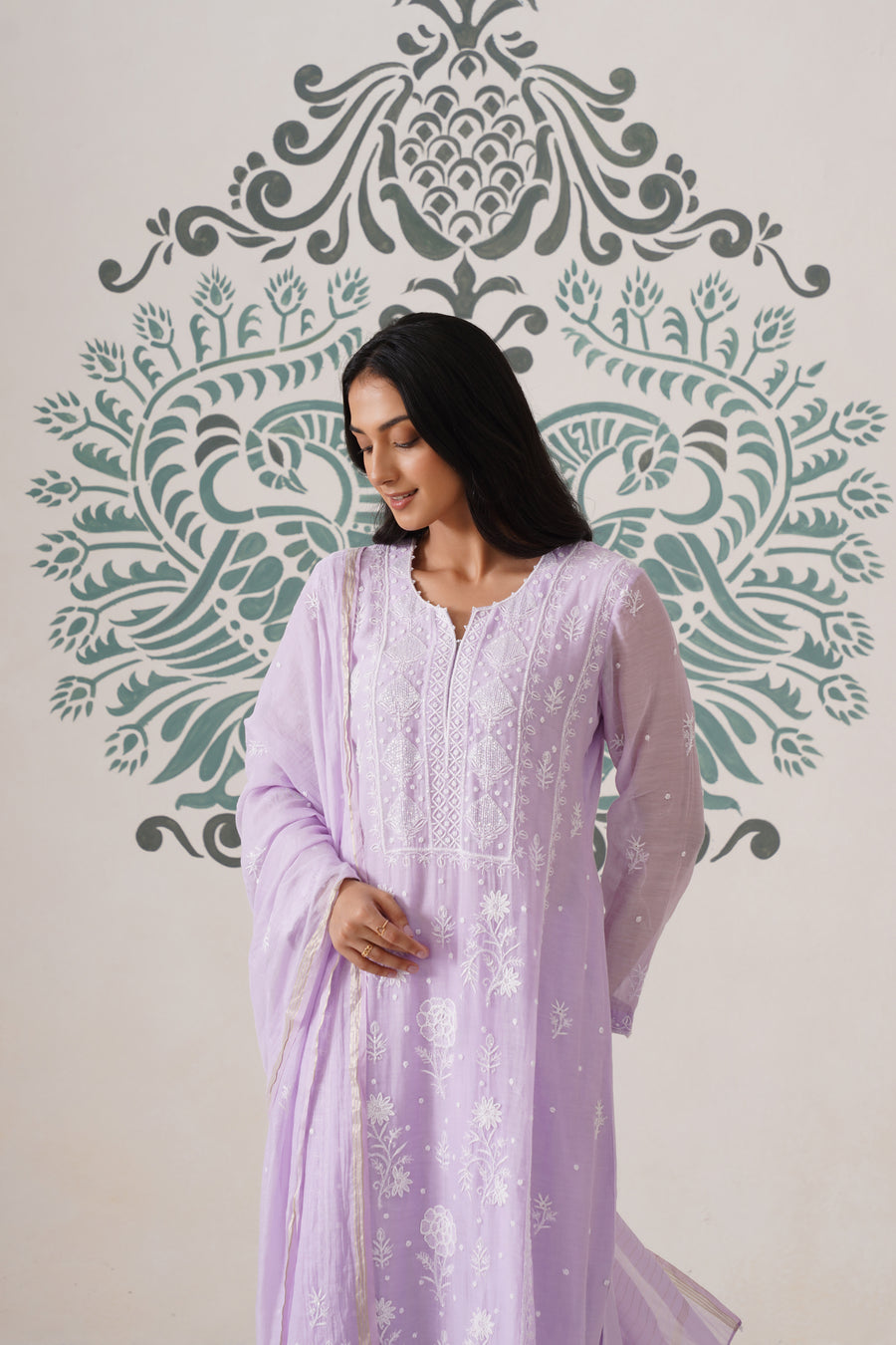 Chikankari Mul Chanderi 3pc Suit - Lilac