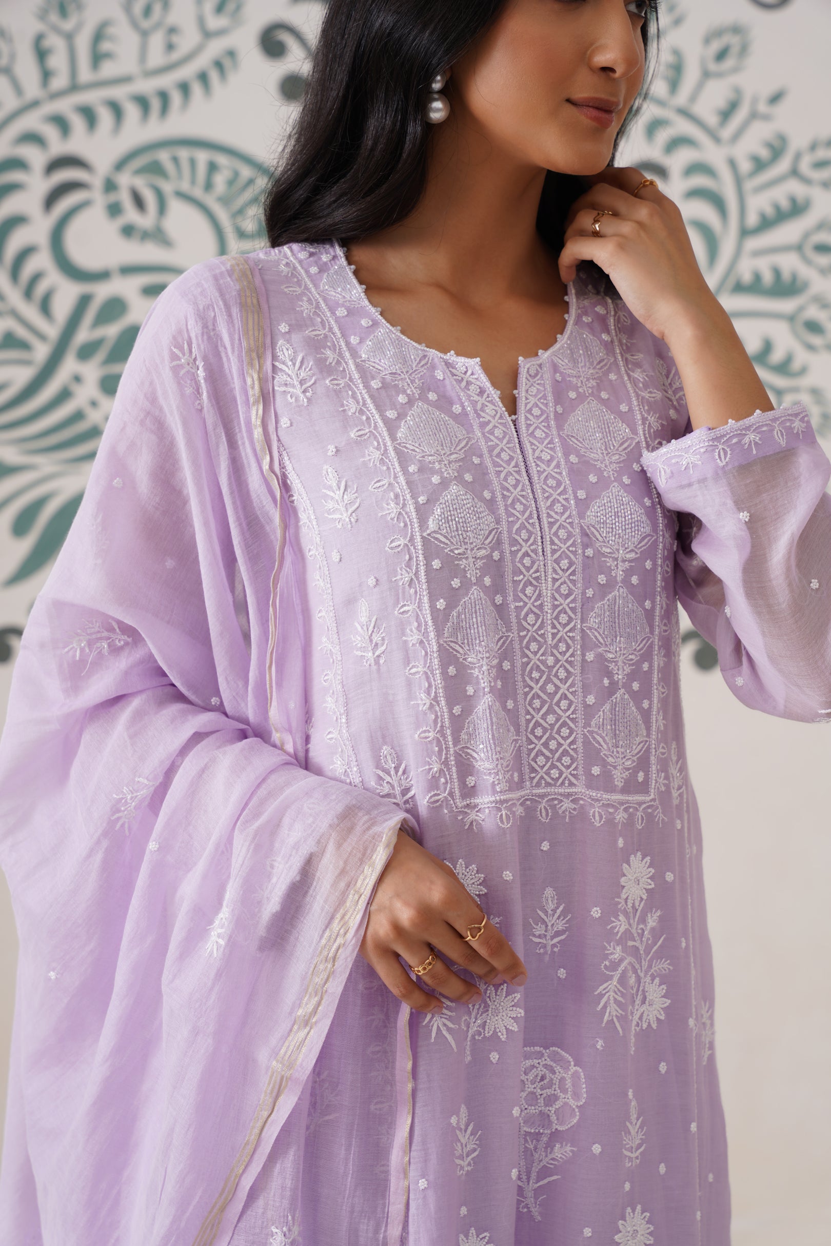 Chikankari Mul Chanderi 3pc Suit - Lilac