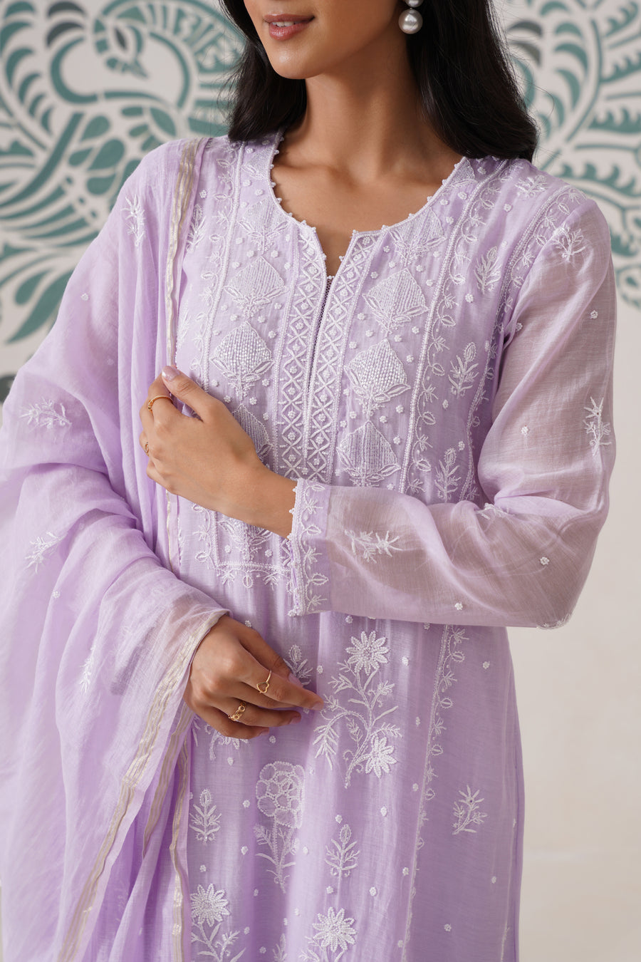 Chikankari Mul Chanderi 3pc Suit - Lilac