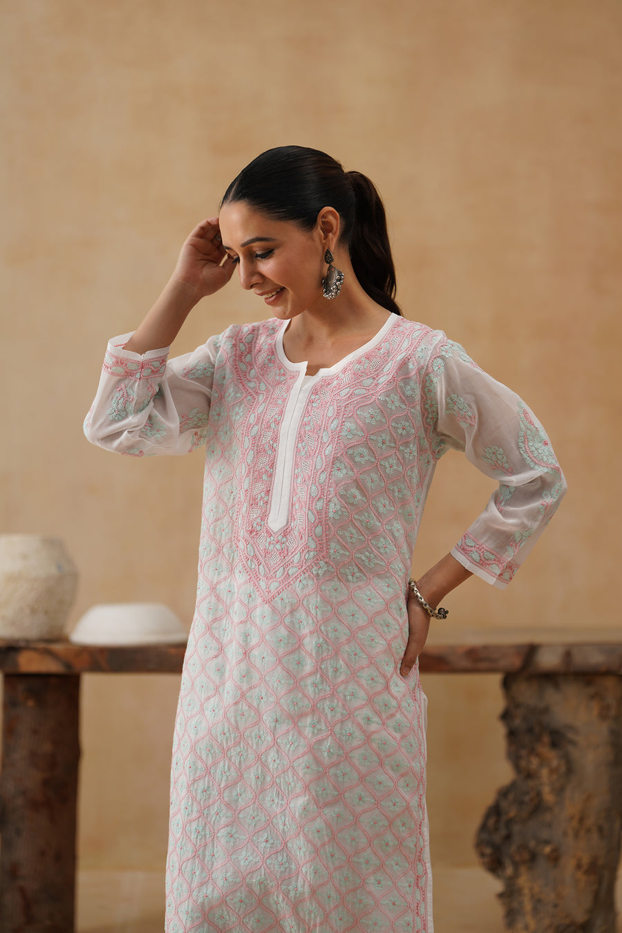 Cotton Long Kurti - White and Aqua