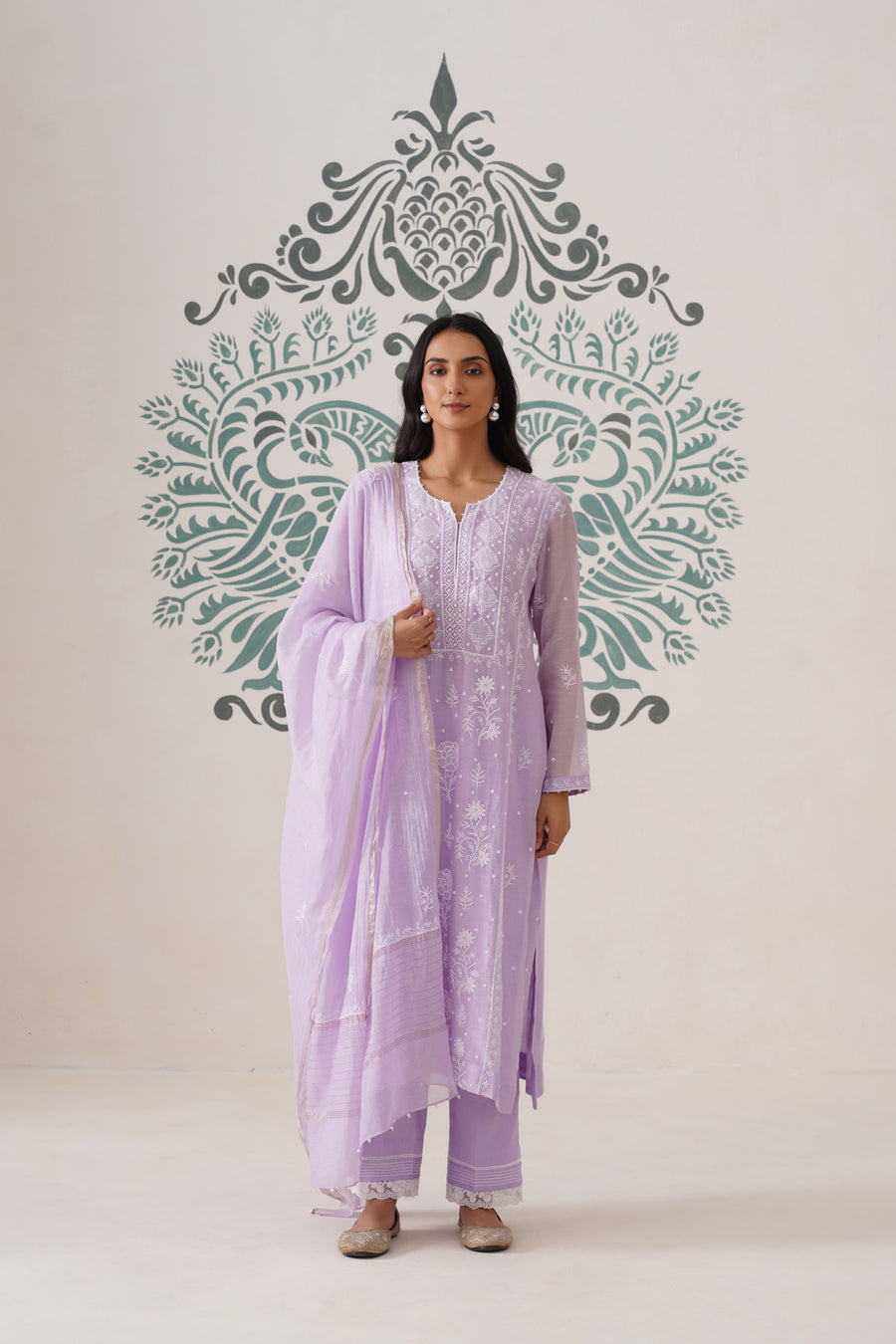 Chikankari Mul Chanderi 3pc Suit - Lilac