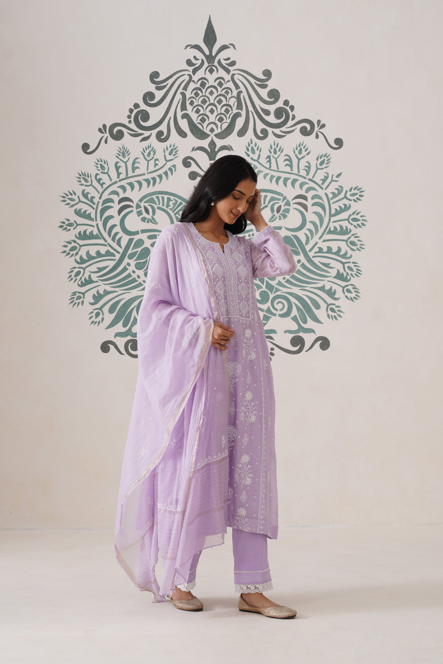 Chikankari Mul Chanderi 3pc Suit - Lilac