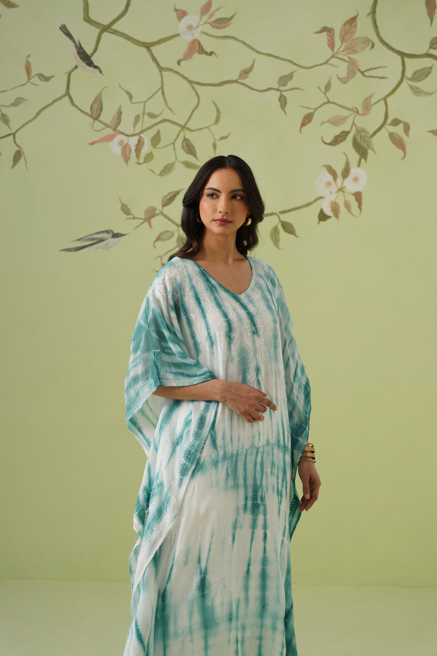 Viscose Chikankari Tie & Dye Kaftan - Teal