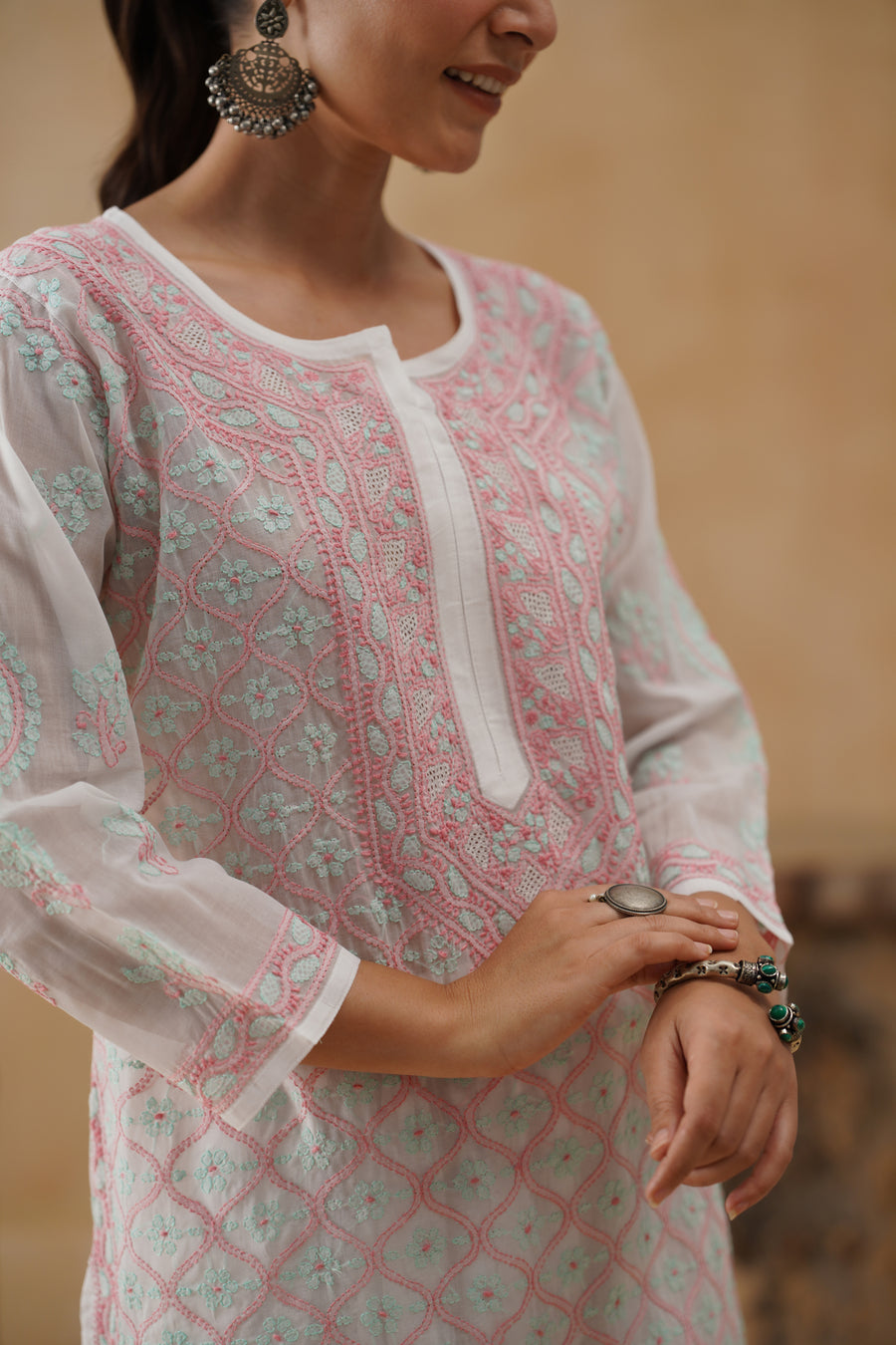 Cotton Long Kurti - White and Aqua