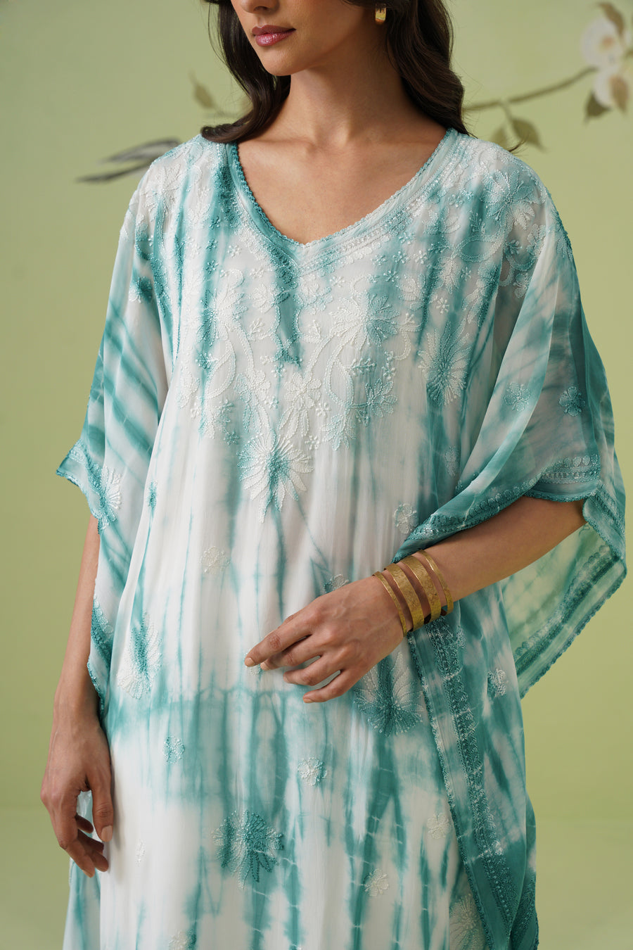 Viscose Chikankari Tie & Dye Kaftan - Teal