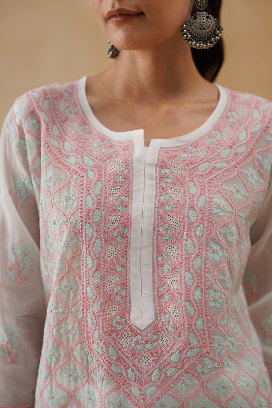 Cotton Long Kurti - White and Aqua