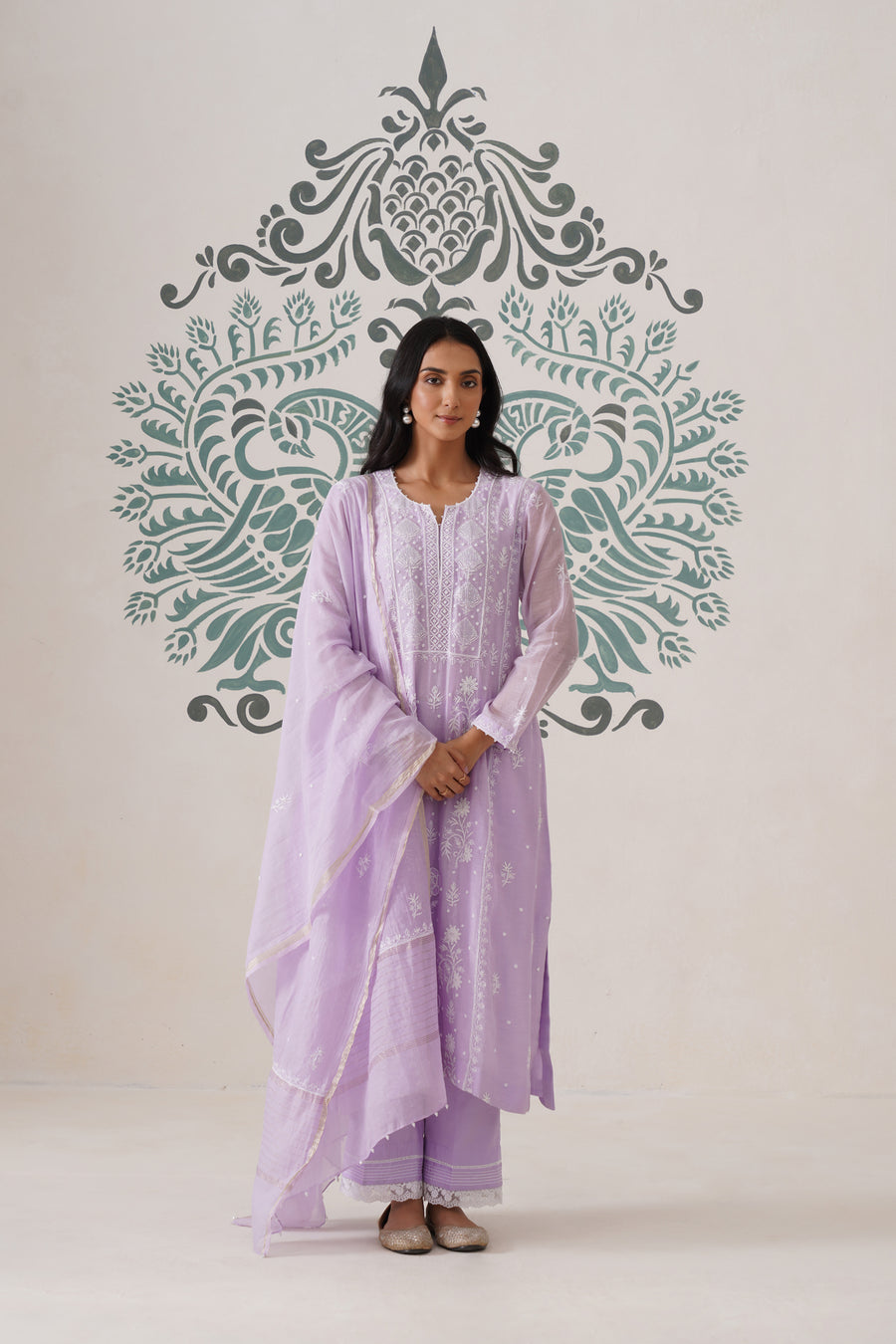 Chikankari Mul Chanderi 3pc Suit - Lilac