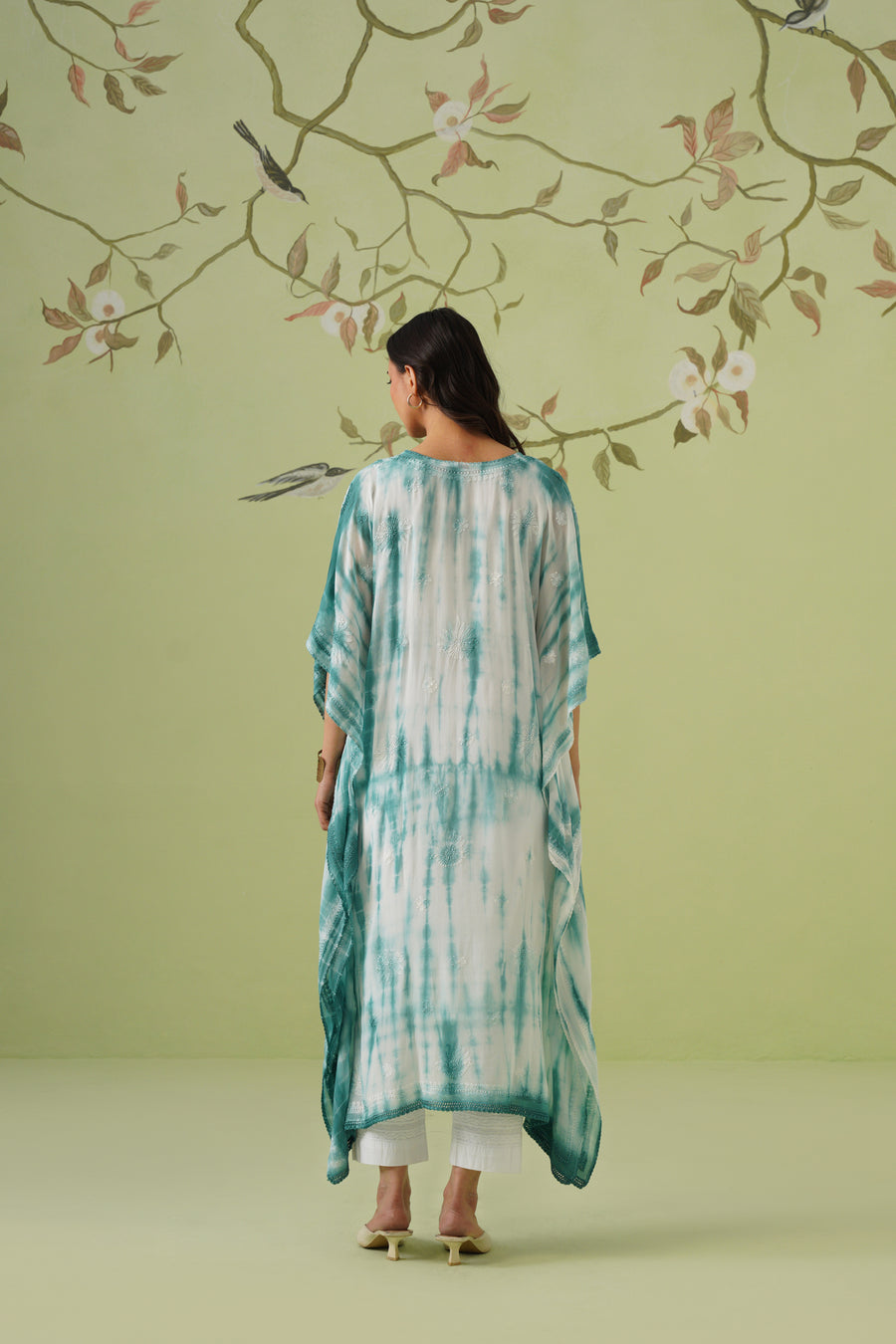 Viscose Chikankari Tie & Dye Kaftan - Teal