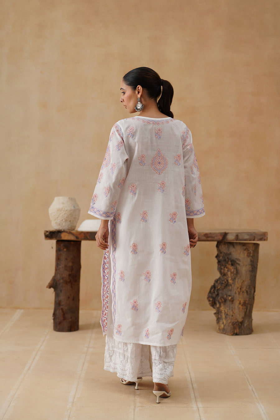 Cotton Long Kurti - White & Lilac