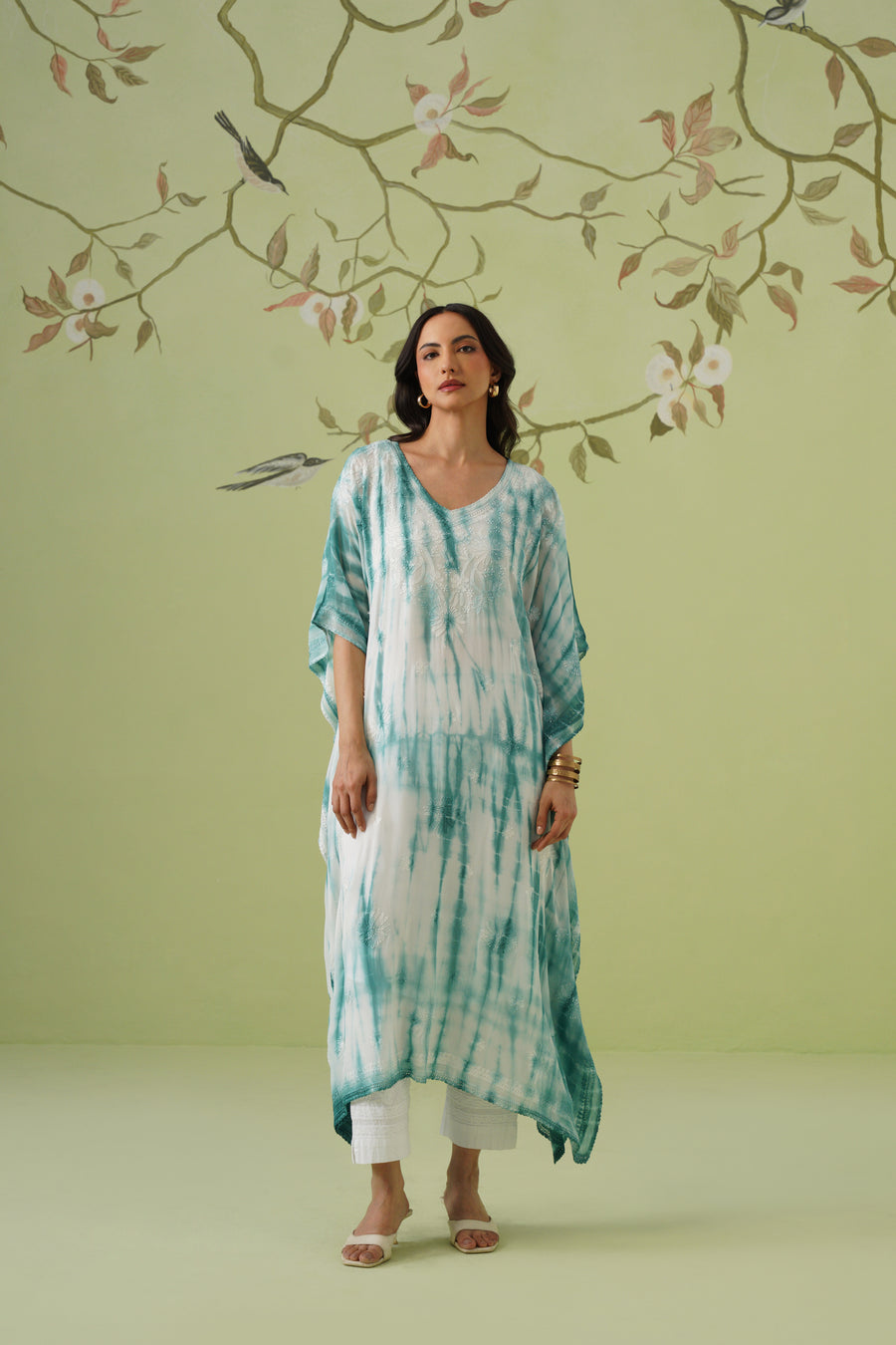 Viscose Chikankari Tie & Dye Kaftan - Teal