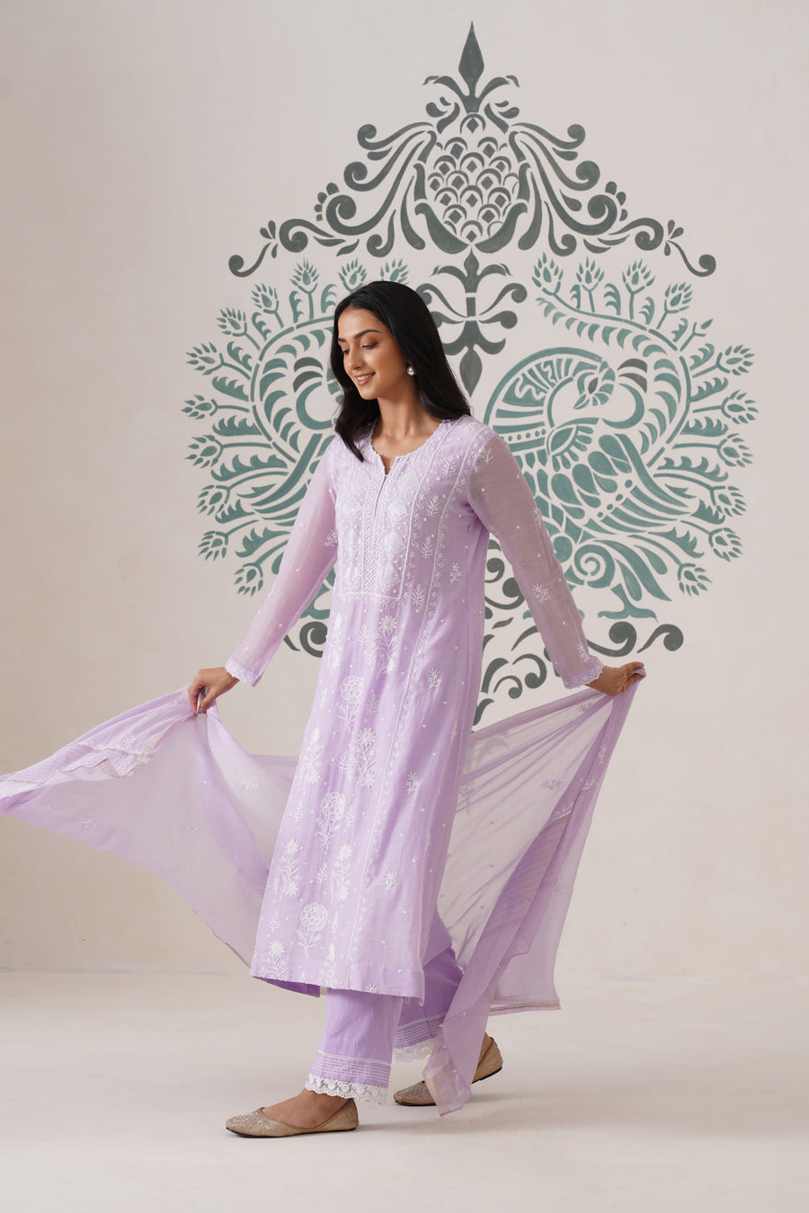 Chikankari Mul Chanderi 3pc Suit - Lilac