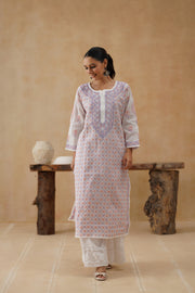 Cotton Long Kurti - White & Lilac