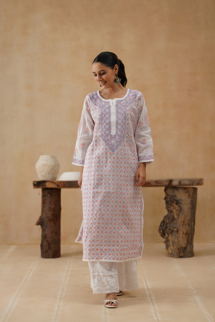 Cotton Long Kurti - White & Lilac