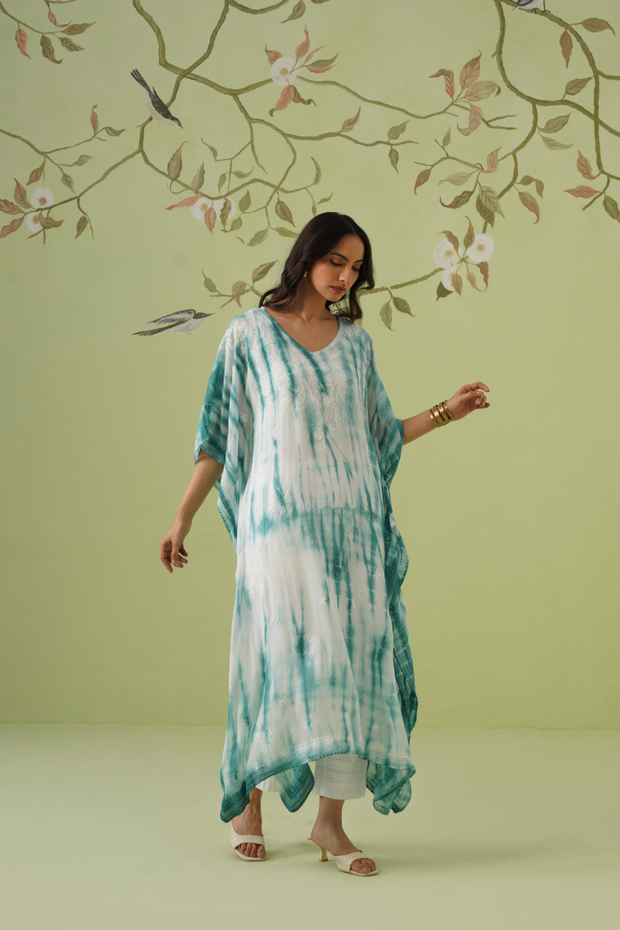 Viscose Chikankari Tie & Dye Kaftan - Teal