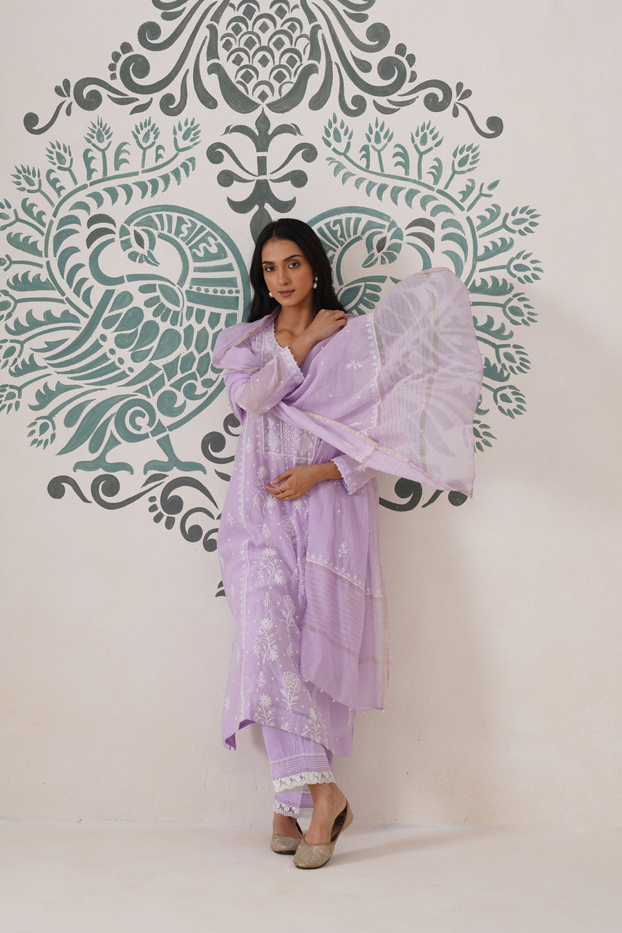 Chikankari Mul Chanderi 3pc Suit - Lilac