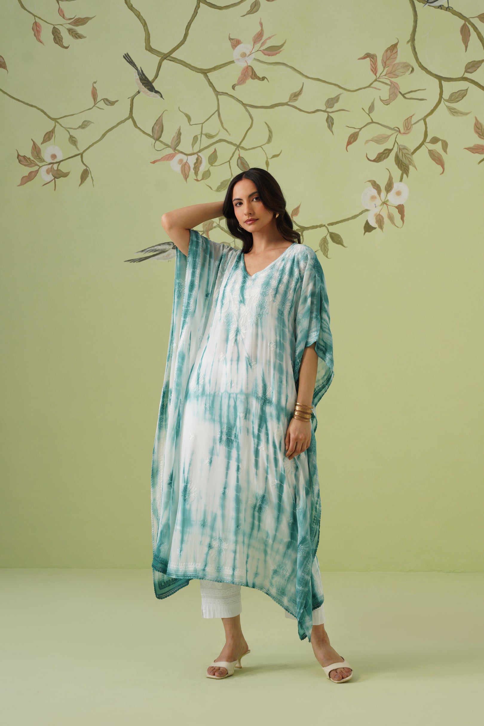 Viscose Chikankari Tie & Dye Kaftan - Teal