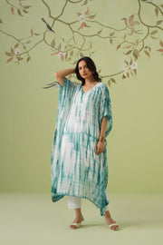 Viscose Chikankari Tie & Dye Kaftan - Teal